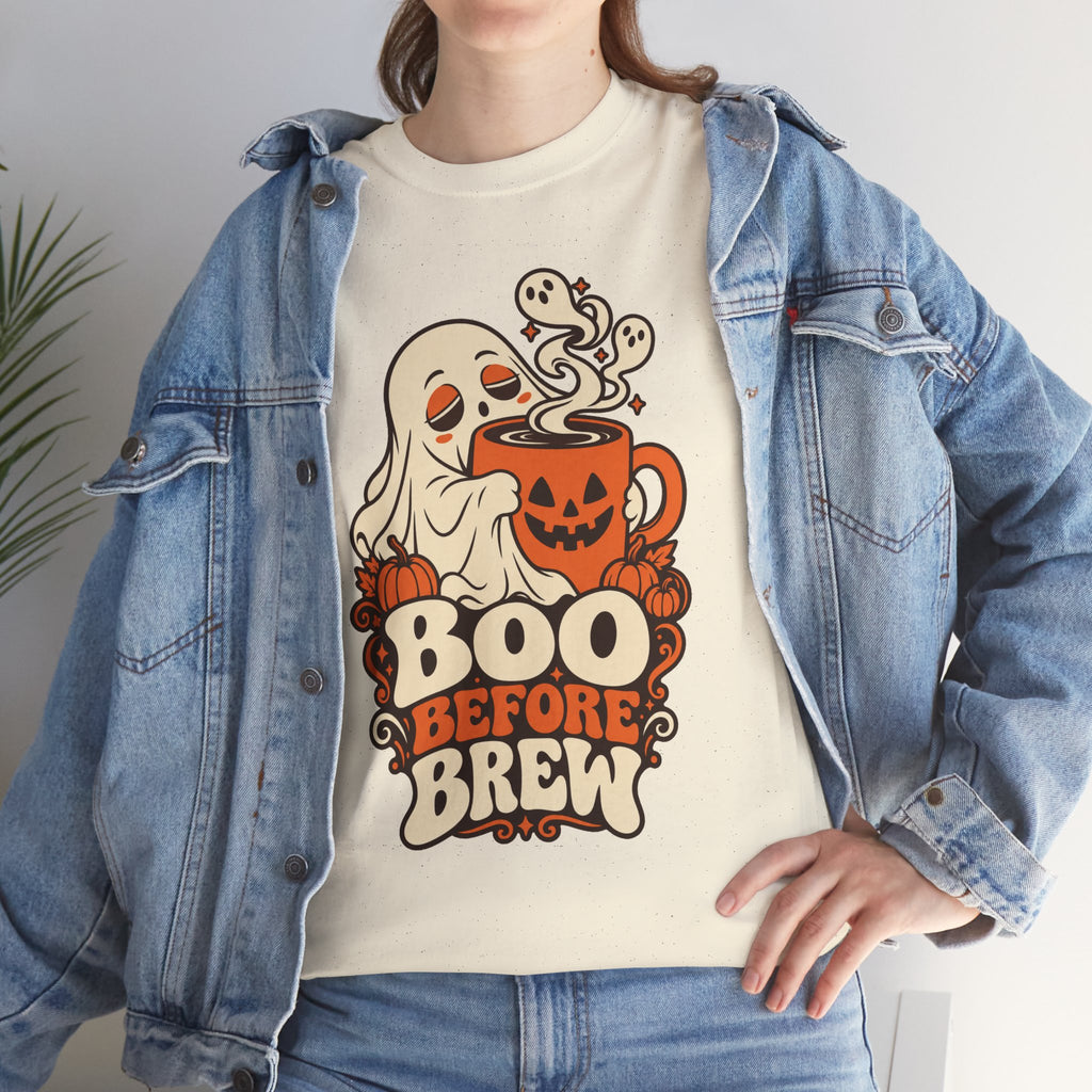 Halloween Tee — "Boo Before Brew" Ghost Coffee T-Shirt