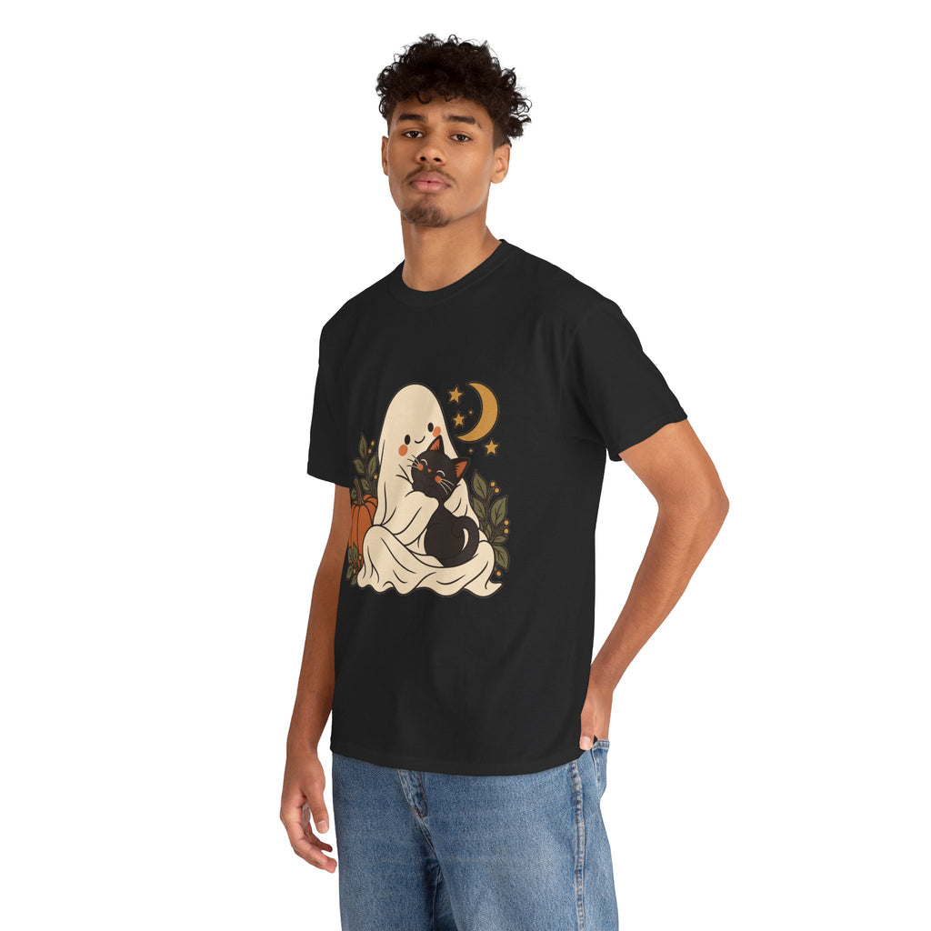 Halloween Ghost & Black Cat Tee — Cute Pumpkin Moon Halloween T-Shirt