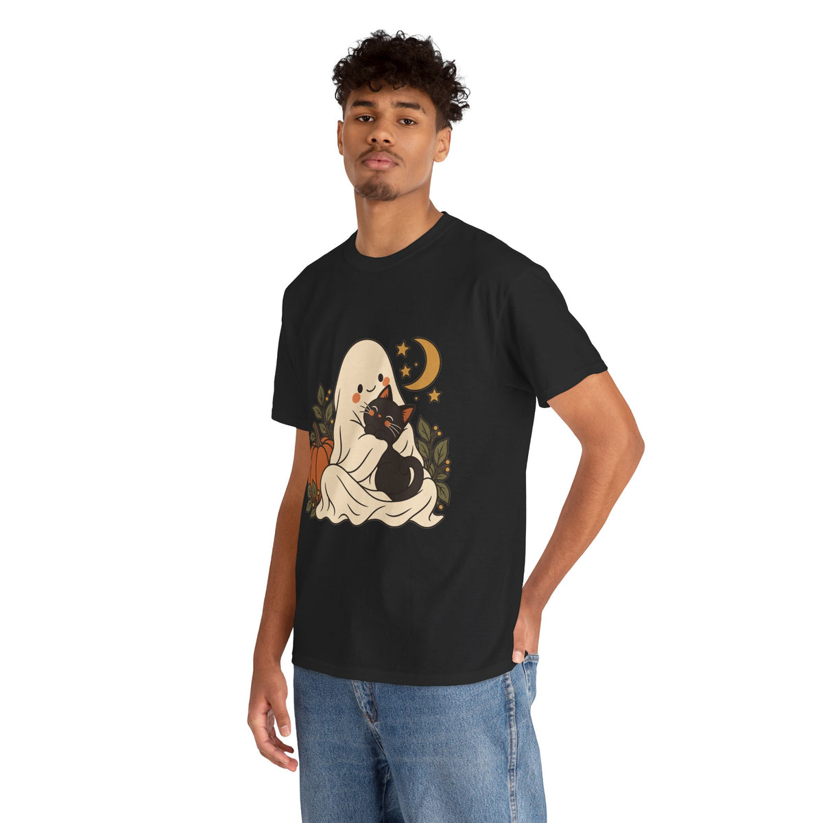 Halloween Ghost & Black Cat Tee — Cute Pumpkin Moon Halloween T-Shirt