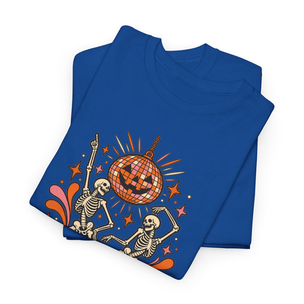 Graveyard Groove Tee — Retro Halloween Dancing Skeletons Pumpkin Design