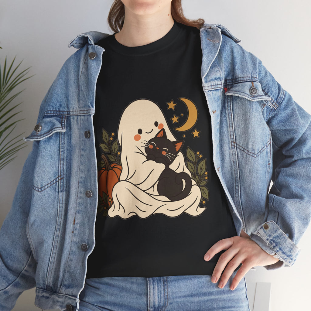 Halloween Ghost & Black Cat Tee — Cute Pumpkin Moon Halloween T-Shirt