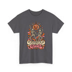 Graveyard Groove Tee — Retro Halloween Dancing Skeletons Pumpkin Design
