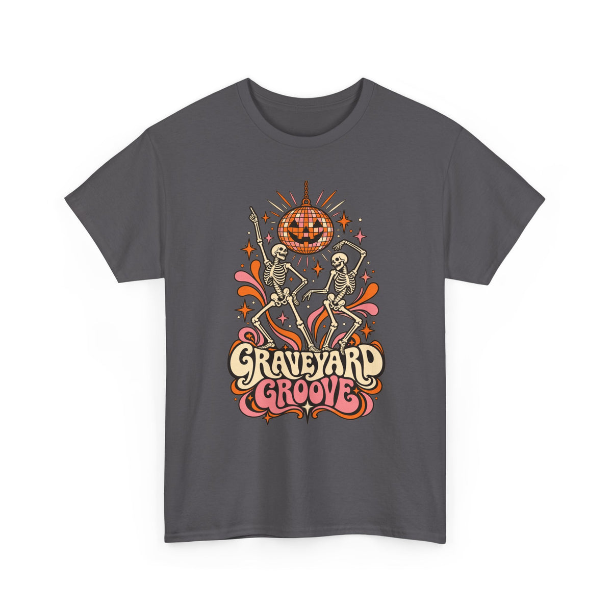 Graveyard Groove Tee — Retro Halloween Dancing Skeletons Pumpkin Design