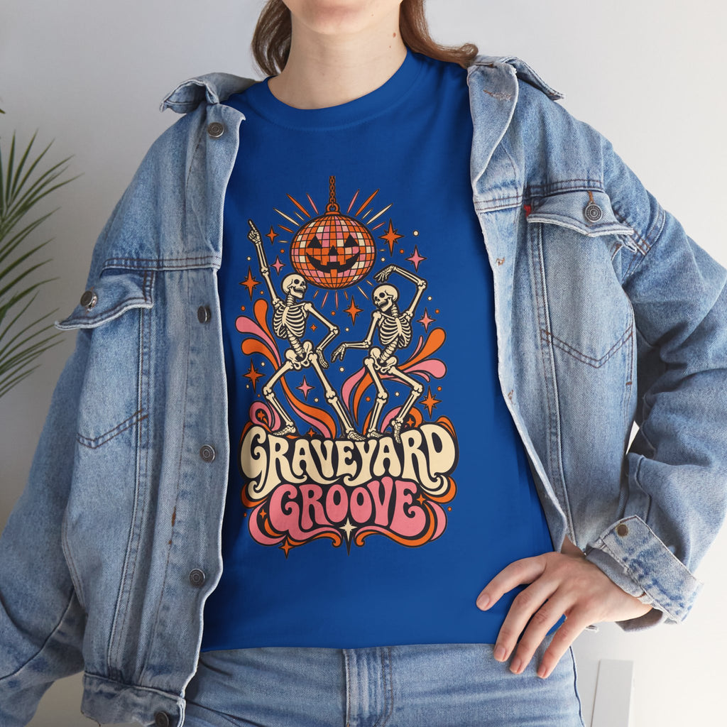 Graveyard Groove Tee — Retro Halloween Dancing Skeletons Pumpkin Design