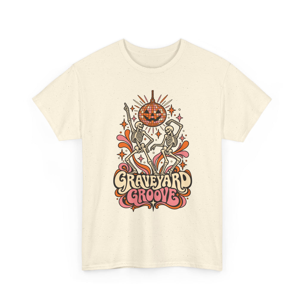 Graveyard Groove Tee — Retro Halloween Dancing Skeletons Pumpkin Design