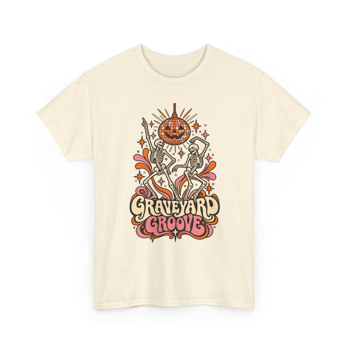 Graveyard Groove Tee — Retro Halloween Dancing Skeletons Pumpkin Design