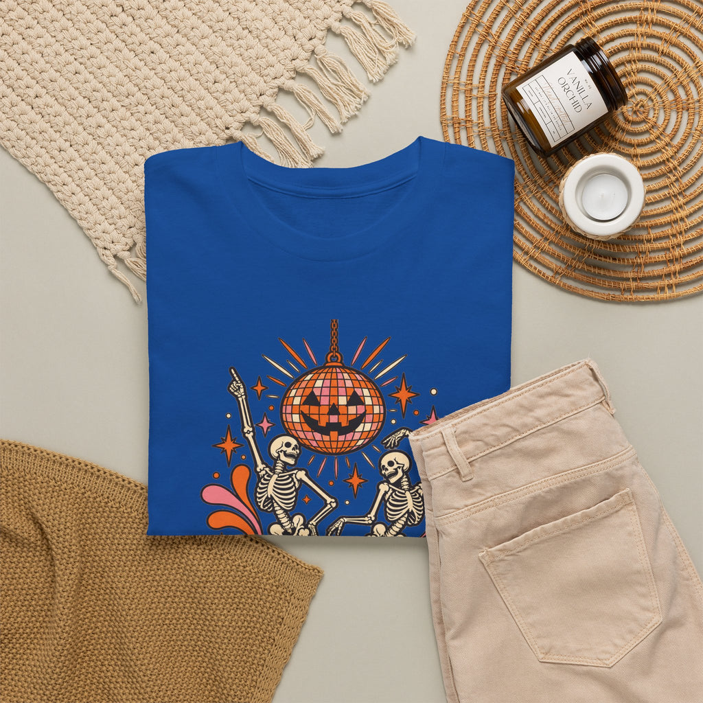 Graveyard Groove Tee — Retro Halloween Dancing Skeletons Pumpkin Design